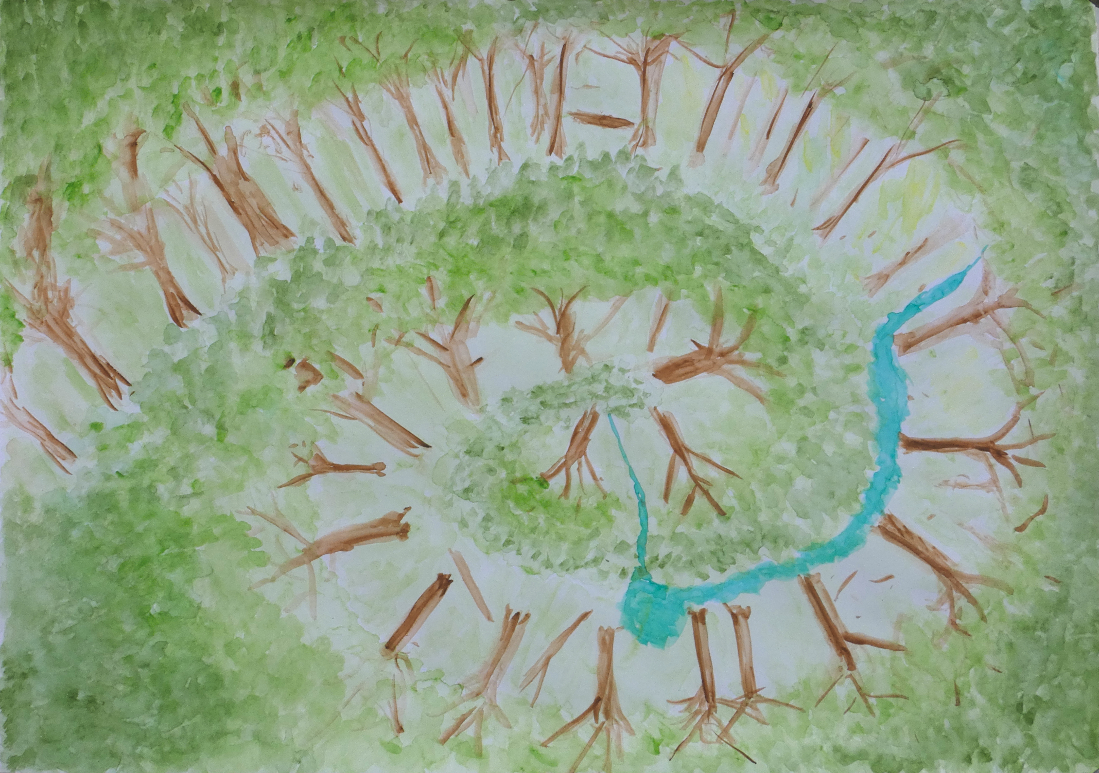 Aquarelle painting. A spiral of leafwork intertwining with a spiral of tree trunks, going from the rims to the center. A watercourse runs among the trees in the bottom right corner of the spiral, before falling down towards the center of the spiral as a waterfall.